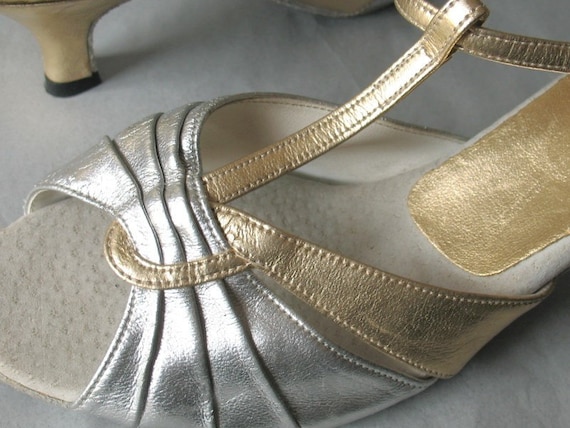Vintage T-Strap Dance Shoes Gold and Silver Metallic Leather