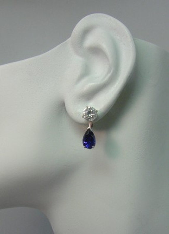 Earring Jackets 14K WHITE Gold Dangle Pear Shaped Blue by earcuffs