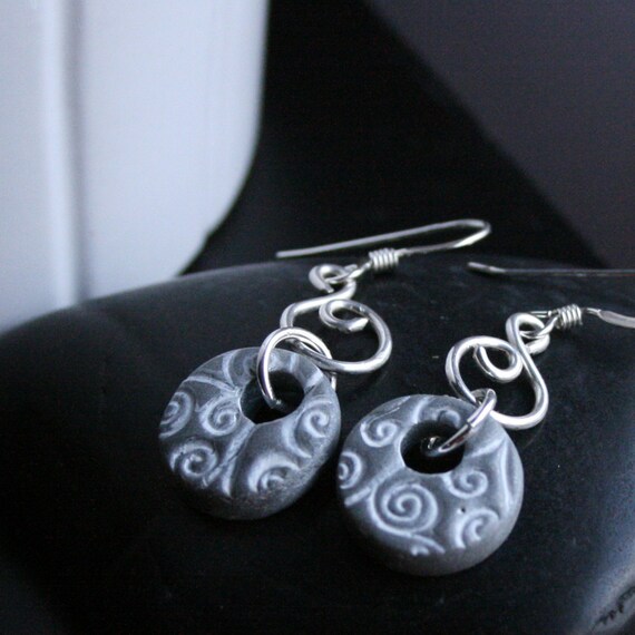 Items similar to Double Silver Polymer Clay Earrings with White Stamped