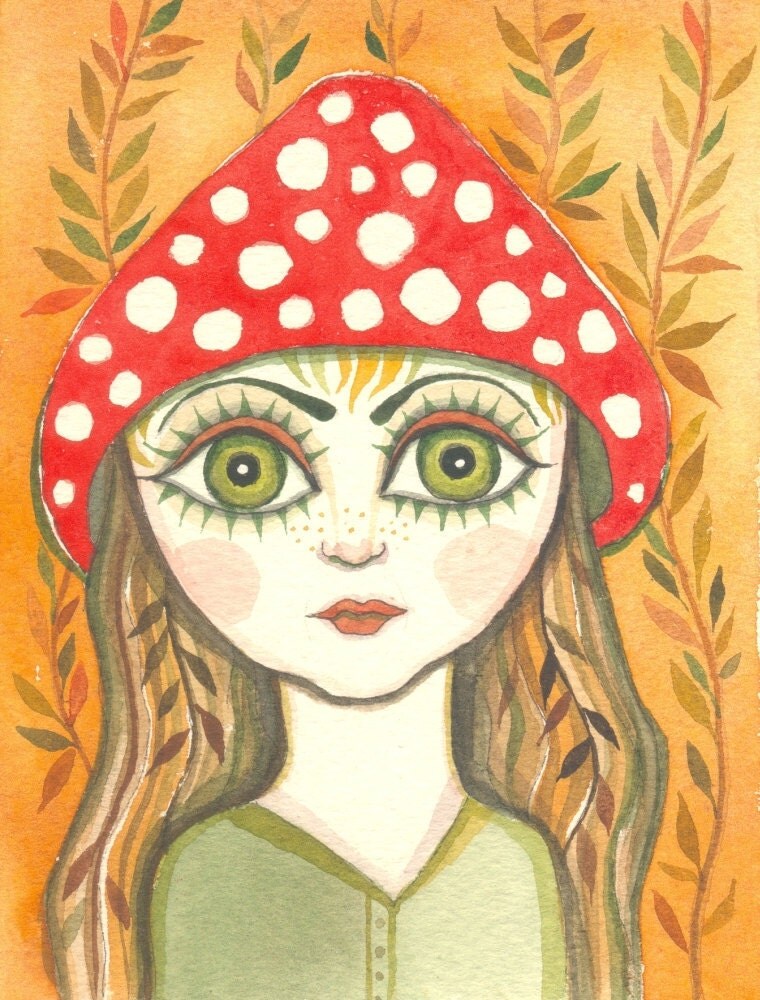 Mushroom Girl original watercolor painting Fine art