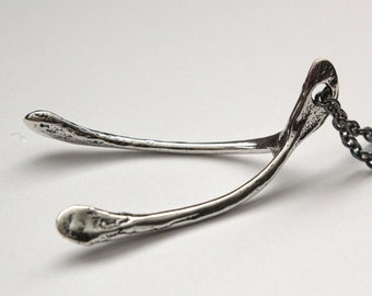 Silver Wishbone Necklace - Life Size Solid Sterling Silver Wishbone Pendant Necklace 068