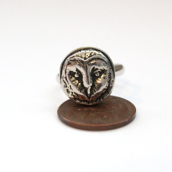 Barn Owl Ring Silver Owl Face Ring on Adjustable Band Owl Ring