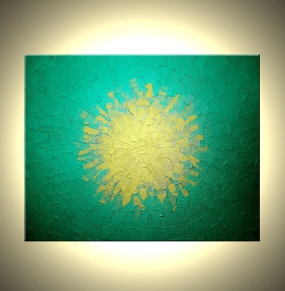 Green Metallic Painting Original Gold Textured Media Painting