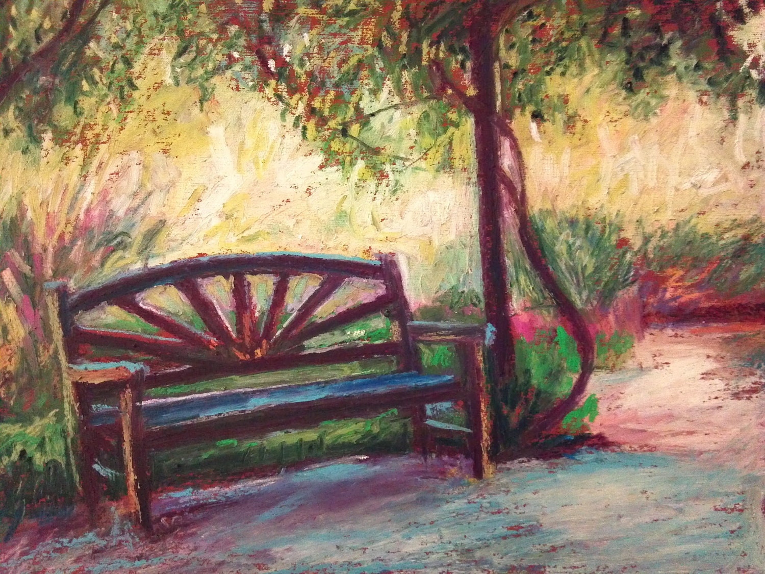 Garden Bench Painting Original Oil Pastel 7 x 9 by 