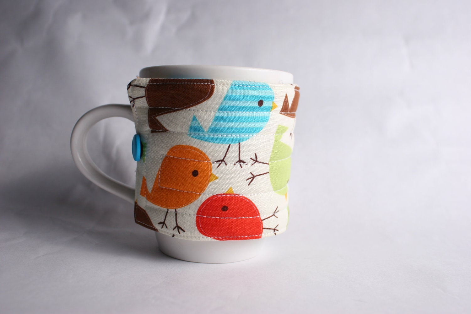 coffee cup cozy birds fabric java jacket mug by ChocolateDogStudio