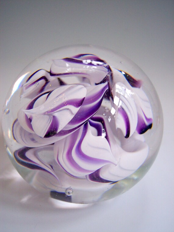 Hand Blown Art Glass Paperweight in Purple and White by Bill