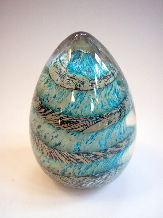 Hand Blown Art Glass Blue Spiral Paperweight EGG by Bill