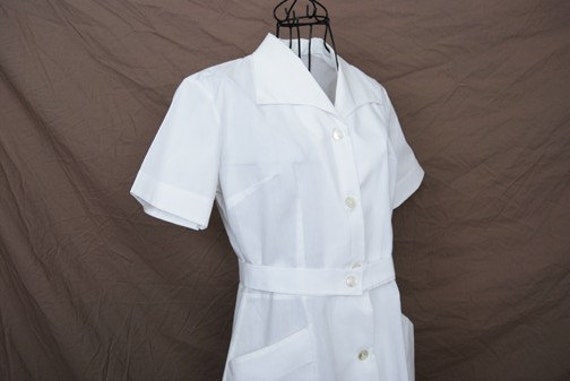 vintage 60s White Nurse Uniform Shirt Dress Sz M L