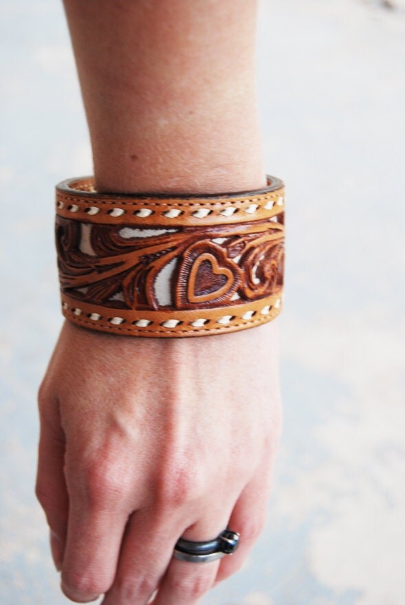Leather Cuff Bracelet Recycled Tooled Leather Heart Cuff