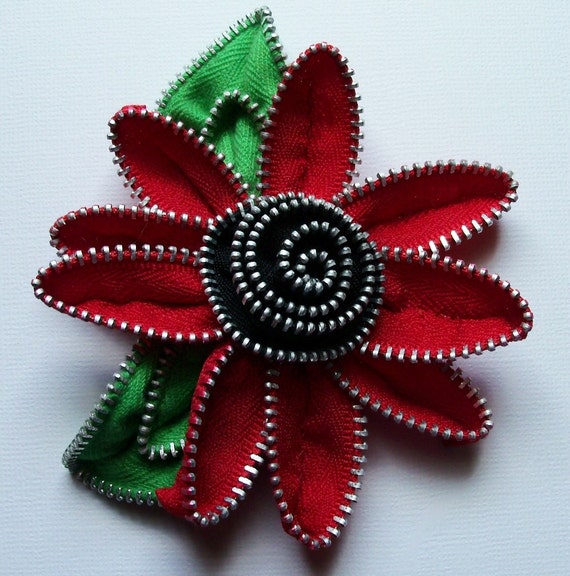 Red and Black Brooch / Zipper Pin Approx 3.5 in/ 9 cm by