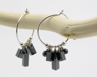 Hematite Hoops in Argentium Silver / hand formed / metallic dangle fresh boho geometric