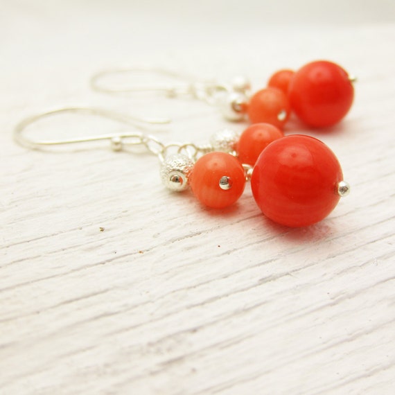 Tangerine Orange Coral Earrings in Sterling Silver Modern