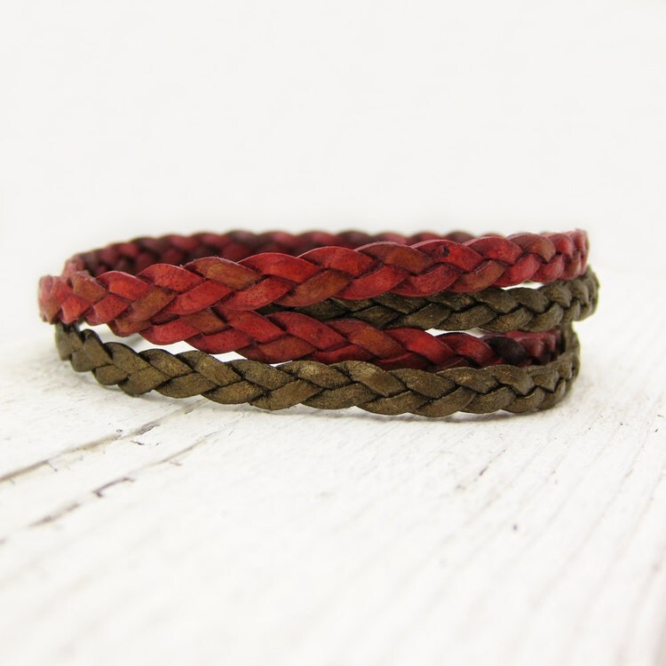Red Braided Leather Wrap Bracelet with Solid Sterling by byjodi