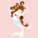 8X10" mermaid mother & baby girl. adoption gift. giclee print on fine art paper. chocolate brown, african american, brunette.