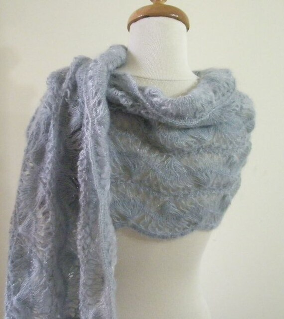 Grey Lace Shawl. Crochet Rectangle Scarf. Spring Fashion.