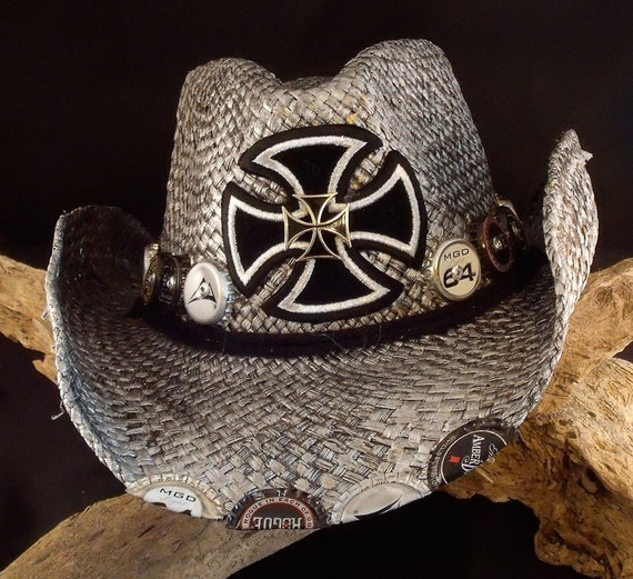 Silver Straw Cowboy Hat with Beer Bottle Caps and Iron Crosses
