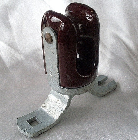 Antique Brown Porcelain Wire Insulator Metal Bracket Telephone