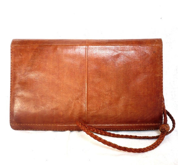GABRIELLE French Vintage Brown Leather Clutch/Shoulder bag
