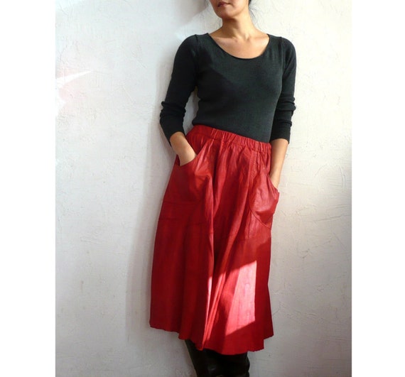 LUCY French Vintage Red Leather Midi Skirt by bOmode on Etsy