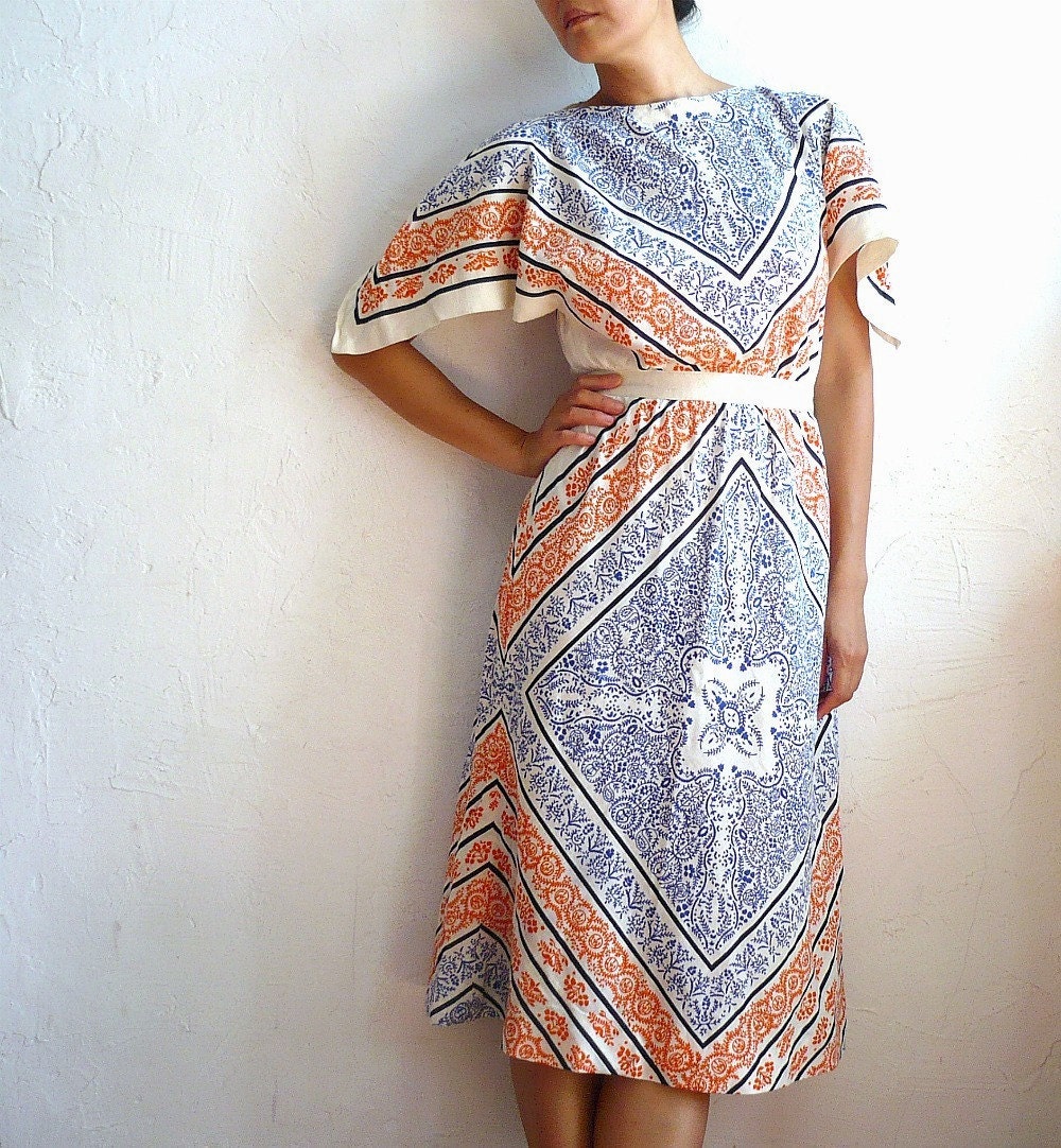 ESCLAT Spanish Vintage Linen with Floral Motif Midi Dress