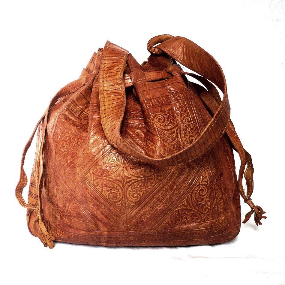 SHEILA Moroccan Vintage Leather Tote / drawstring Shoulder bag