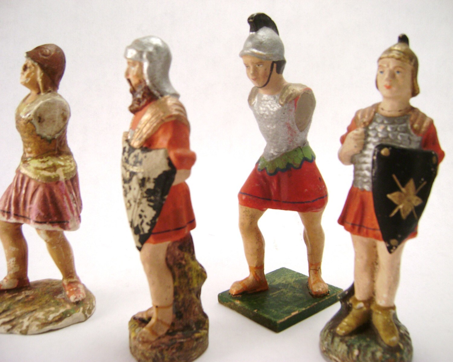 Four Vintage Roman Soldiers Figurines Hand Painted Paper Mache