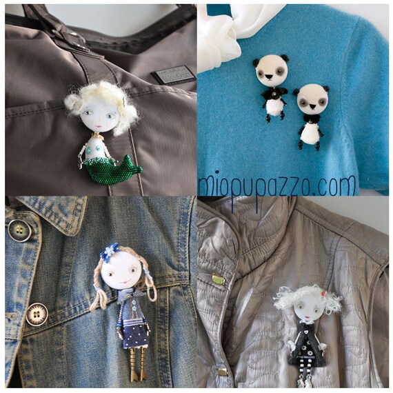 Art Doll Brooch Denim Girl mixed media collage