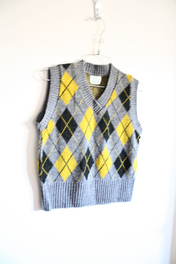 60s Grey Yellow Cropped Argyle Sweater Vest S