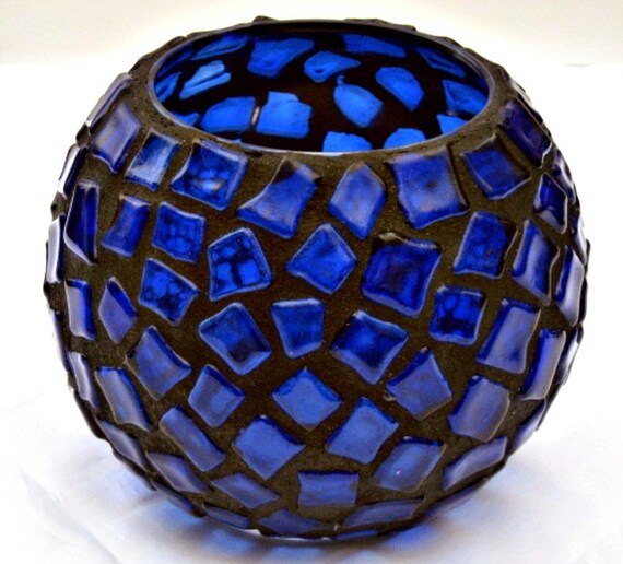 Recycled Blue Glass Mosaic Candle Holder by GlassGaloreGal on Etsy