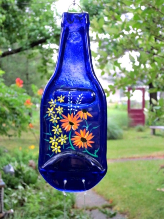 Blue Beer Bottle Wind Chime Hand Painted Recycled Blue Beer Bottle Wind Chime Hand Painted