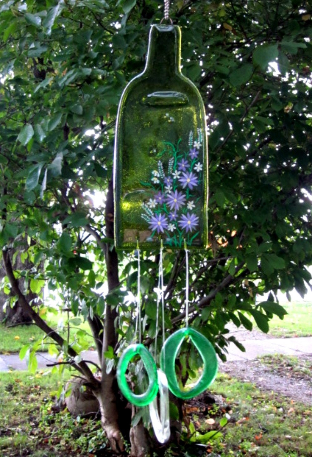 Wine Bottle Melted Wind Chime Bright Green Recycled Painted