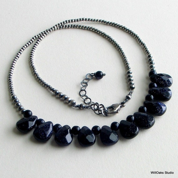 Navy Blue Goldstone Necklace on a Special Silver by WillOaksStudio