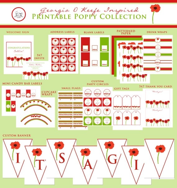 RED POPPIES Printable Party Decor Package and Invitation Il_570xn