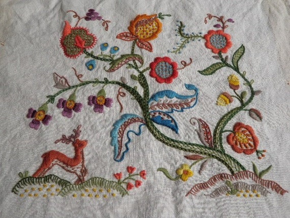 Antique Tree of Life colorful crewel embroidery by wandagert