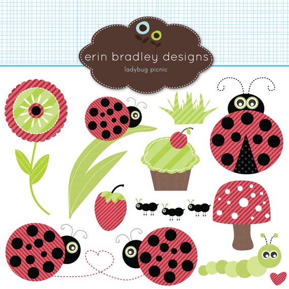 Ladybug Picnic Clipart Clip Art for Personal and Commercial Use in Black Red Green Polka Dots and Stripes Il_570xn