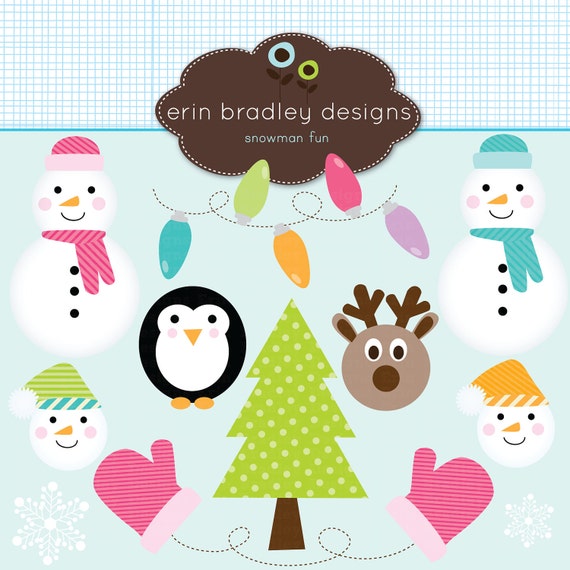 50% OFF SALE Snowman Holiday Clipart Christmas Tree Christmas Lights Penguin Mittens & Reindeer Digital Clip Art Graphics Il_570xn
