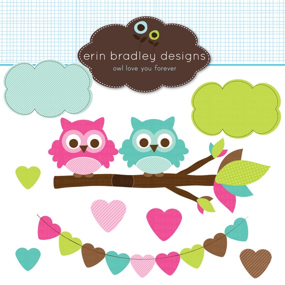 Pink and Blue Owls in a Branch Clipart Graphics Commercial Use Digital Clip Art Il_570xn