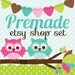 Premade Etsy Banner & Avatar Shop Set Pink and Blue Owls and Heart Bunting