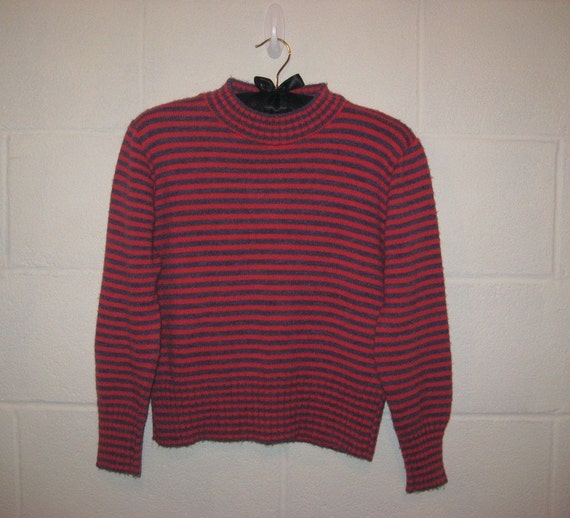Sale Vintage Cropped Blue and Red Striped Sweater by TheRareBird