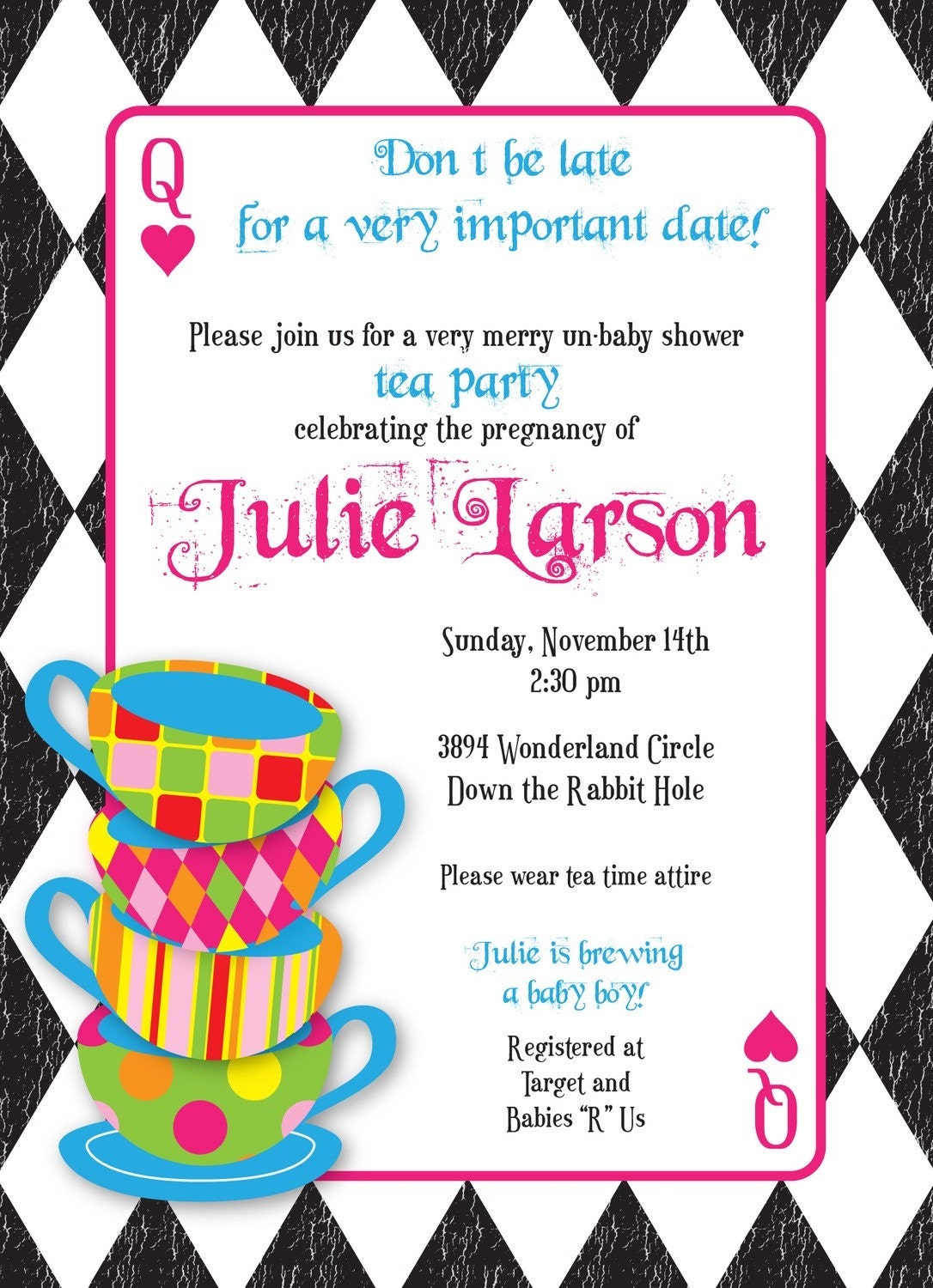 Mad Hatter Tea Party Custom Baby Shower Invitation