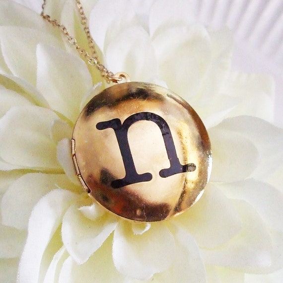 N215N Letter N Gold Locket Necklace in ITC American Typewriter