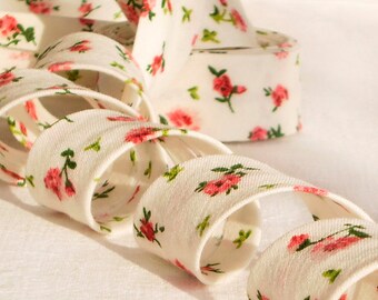Bias Tape Binding - Little Red Roses - 4 Yards Handmade Red, Green and White Floral Cotton Fabric, Flowers for Sewing and Quilting