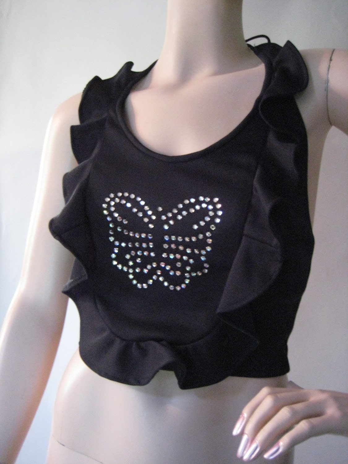 Vintage 1970's Black Rhinestone Butterfly Halter Top