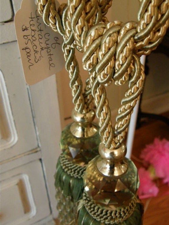 crystal beaded curtain tie backs in sage green and golden