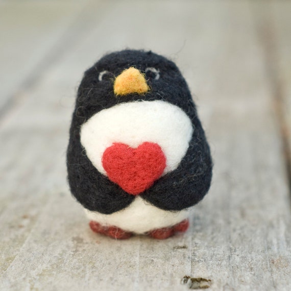 Needle Felted Penguin Valentine Heart