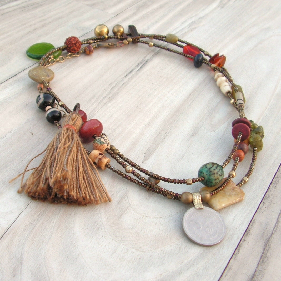 Gypsy Summer in Bronze Long Beaded Necklace with Tassel and