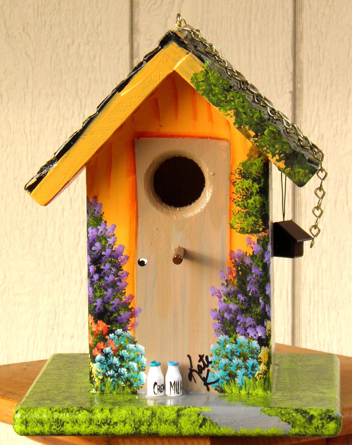 Hand Painted Bird House Orange with Colorful Flowers