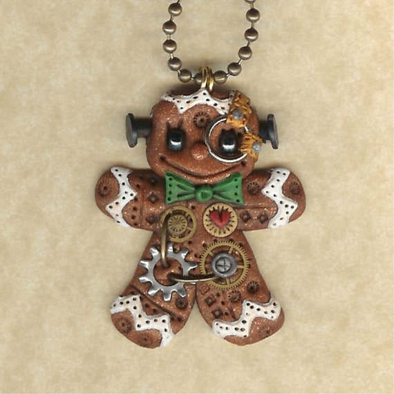 Steampunk Christmas Gingerbread Man Robot Jewelry Necklace