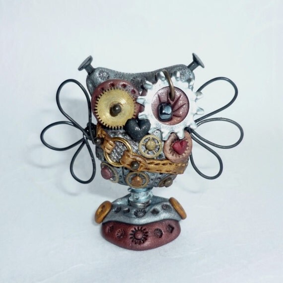 Steampunk Robot Hooty Owl Miniature Figure Polymer Clay