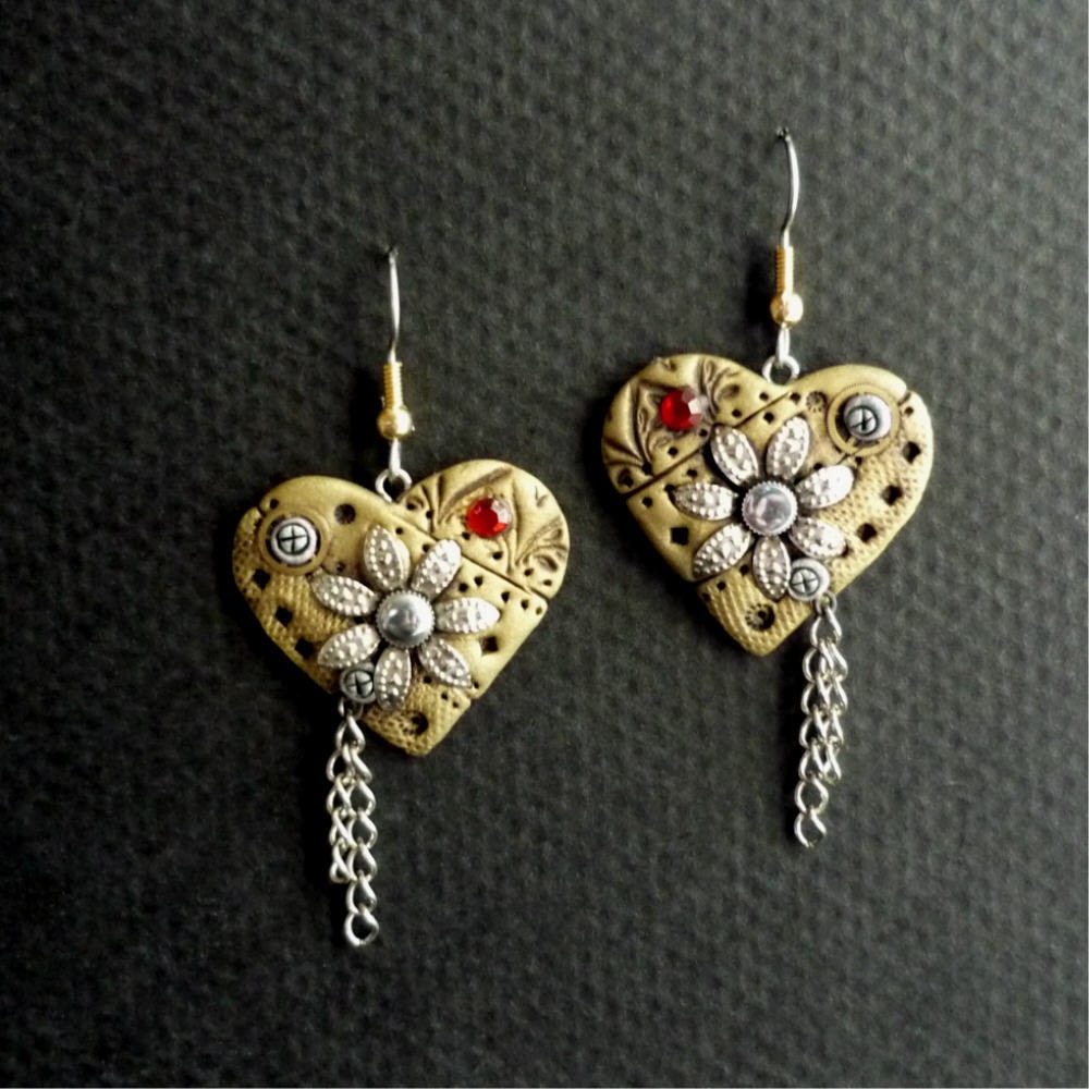 Steampunk Valentines Day Heart Earrings Gold Polymer Clay